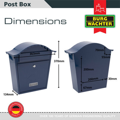 Burg-Wachter Midnight Blue Classic Wall Mounted Galvanised Steel Lockable Weatherproof Post Box - 36x37x13cm - 4