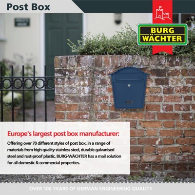 Burg-Wachter Midnight Blue Classic Wall Mounted Galvanised Steel Lockable Weatherproof Post Box - 36x37x13cm - 5