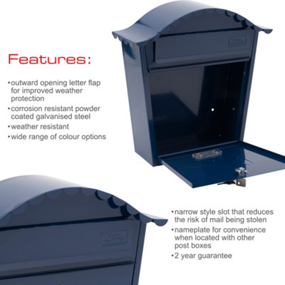 Burg-Wachter Midnight Blue Classic Wall Mounted Galvanised Steel Lockable Weatherproof Post Box - 36x37x13cm - 8