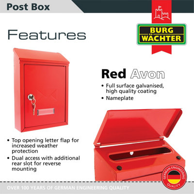 Burg-Wachter Red Avon Rear Entry Wall Mounted Galvanised Steel Lockable Weatherproof Post Box - 21x30x7cm