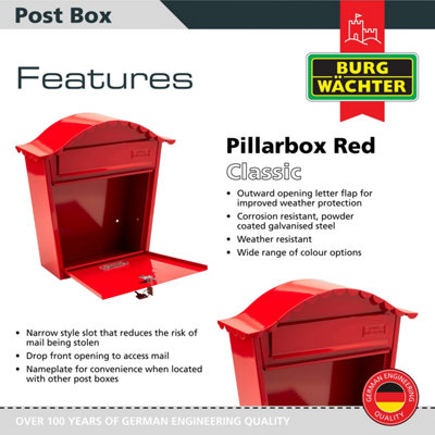 Burg-Wachter Red Classic Wall Mounted Galvanised Steel Lockable Weatherproof Post Box - 36x37x13cm