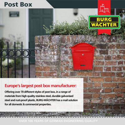 Burg-Wachter Red Classic Wall Mounted Galvanised Steel Lockable Weatherproof Post Box - 36x37x13cm - 5