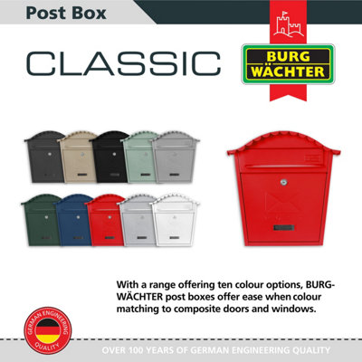 Burg-Wachter Red Classic Wall Mounted Galvanised Steel Lockable Weatherproof Post Box - 36x37x13cm - 6