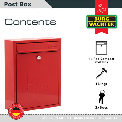 Burg-Wachter Red Compact Wall Mounted Galvanised Steel Postbox 26x33x9cm