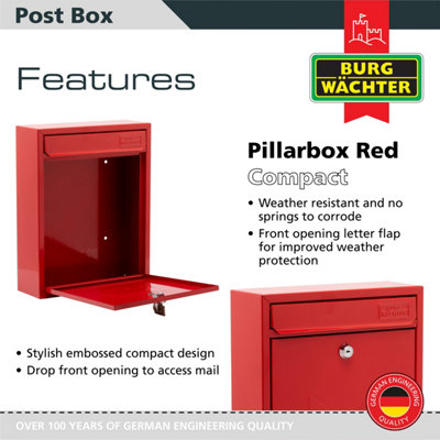 Burg-Wachter Red Compact Wall Mounted Galvanised Steel Postbox 26x33x9cm - 4
