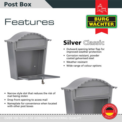 Burg-Wachter Silver Classic Wall Mounted Galvanised Steel Lockable Weatherproof Post Box - 36x37x13cm