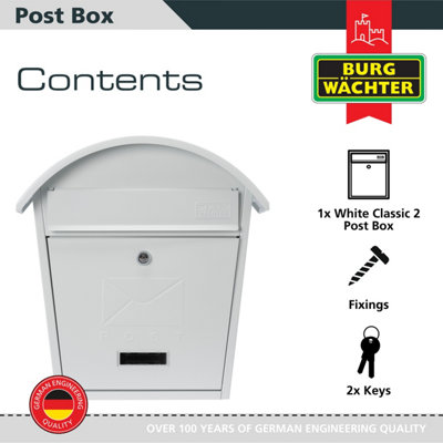 Burg-Wachter White Classic 2 Wall Mounted Galvanised Steel Lockable Weatherproof Post Box  - 36x38x13cm