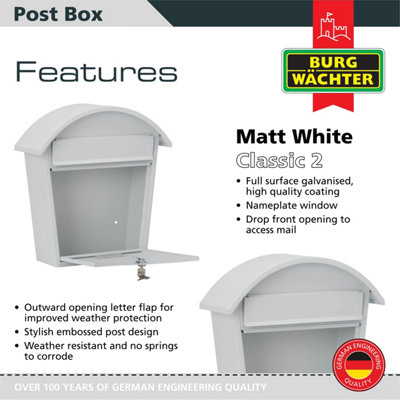 Burg-Wachter White Classic 2 Wall Mounted Galvanised Steel Lockable Weatherproof Post Box  - 36x38x13cm - 4