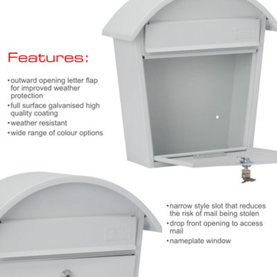 Burg-Wachter White Classic 2 Wall Mounted Galvanised Steel Lockable Weatherproof Post Box  - 36x38x13cm - 8