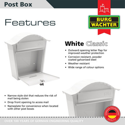 Burg-Wachter White Classic Wall Mounted Galvanised Steel Lockable Weatherproof Post Box - 36x37x13cm