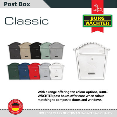 Burg-Wachter White Classic Wall Mounted Galvanised Steel Lockable Weatherproof Post Box - 36x37x13cm - 6