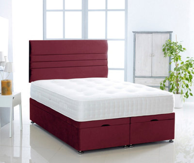 Burgundy Plush Foot Lift Ottoman Bed With Memory Spring Mattress And  Horizontal Headboard 2FT6 Small Single