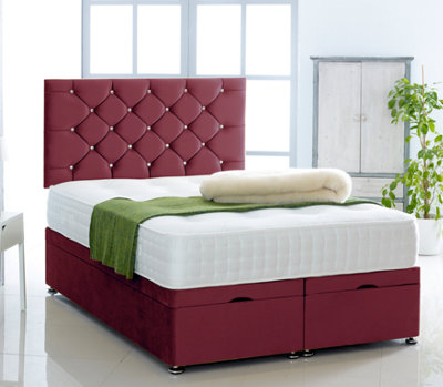 Burgundy Plush Foot Lift Ottoman Bed With Memory Spring Mattress And    Studded  Headboard 4FT6 Double