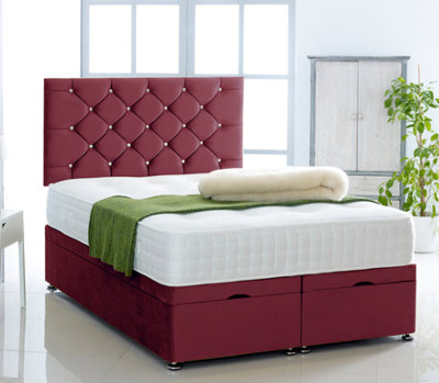 Burgundy Plush Foot Lift Ottoman Bed With Memory Spring Mattress And    Studded Headboard 5.0FT King Size