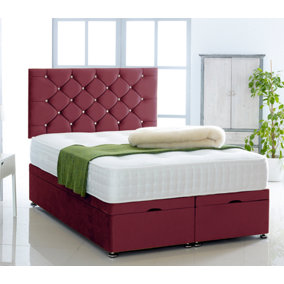Burgundy Plush Foot Lift Ottoman Bed With Memory Spring Mattress And    Studded Headboard 6.0 FT Super King