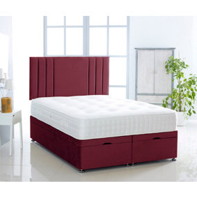 Burgundy Plush Foot Lift Ottoman Bed With Memory Spring Mattress And  Vertical  Headboard 3FT Single