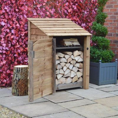 Burley 4ft Log Store with Doors and Kindling Shelf - L80 x W89.5x H128 cm - Rustic Brown
