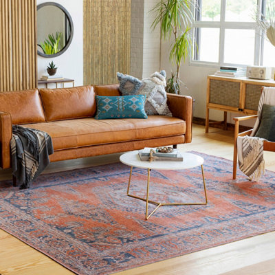 Burnt Orange Blue Traditional Washable Rug, Bordered Rug For Living ...