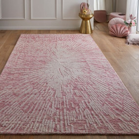 Burst Pink Ivory Wool Abstract Handmade Modern Easy to Clean Rug for Living Room and Bedroom-120cm X 170cm