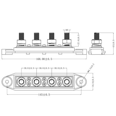 Bus Bar 250a 4 x M8 terminals. 8 screw terminals. Both - 4