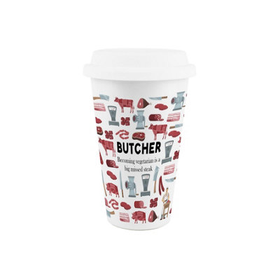 Butcher Ceramic Travel Mug - Novelty Meat Themed Gifts - Double-Walled Insulated Hot/Cold Drinks Cup Present