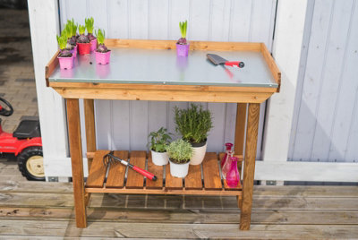 Buttercup Gardener's Table with Tin Surface - Wood/Metal - L108 x W52 x H92 cm - Brown