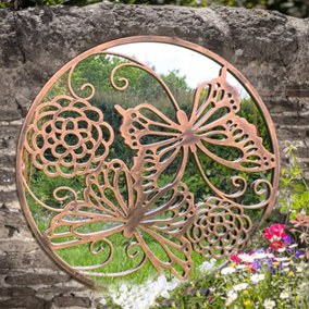 Butterflies Round Tree of Life Style Outdoor Garden Copper Wall Mirror Great Memorial or Wedding Gift Decor