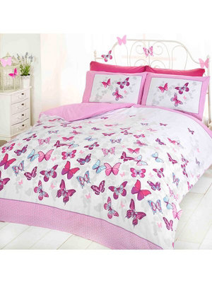 Butterfly Flutter Double Duvet Cover and Pillowcase Set - Pink