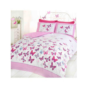 Butterfly Flutter Double Duvet Cover and Pillowcase Set - Pink