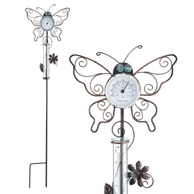 Butterfly Outdoor Thermometer & Rain Gauge RustProof Metal