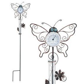 Butterfly Outdoor Thermometer & Rain Gauge - Rust-Proof Metal Decorative Garden Weather Tracking Station - 80 x 18.5 x 11cm