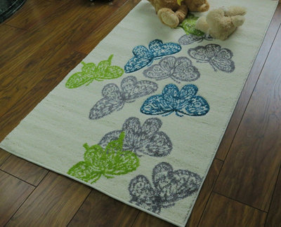 Butterfly Rug-Kids/Girls Room-Teal,Green,Grey and Cream,120 x 170 cm