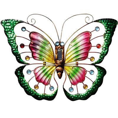 Butterfly Solar Light - 57 x 40cm Multicoloured Garden Wall or Fence Light - Outdoor Hanging Metal Decoration Ornament