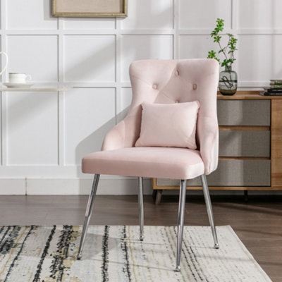 Button Pattern Dining Chair, Upholstered Armchair with Metal Legs and Lumbar Cushion for Living Room, Bedroom, or Lounge (Pink)