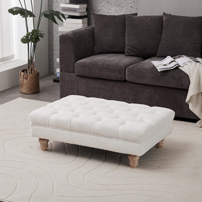 Buttoned White Teddy Rectangular Footstool with Gourd-shaped Legs