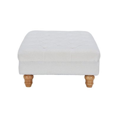 Buttoned White Teddy Rectangular Footstool with Gourd-shaped Legs