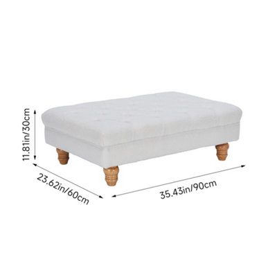 Buttoned White Teddy Rectangular Footstool with Gourd-shaped Legs