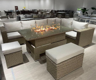 Buxton Rattan Garden Rising Corner Dining Set in Brown Color With Fire ...