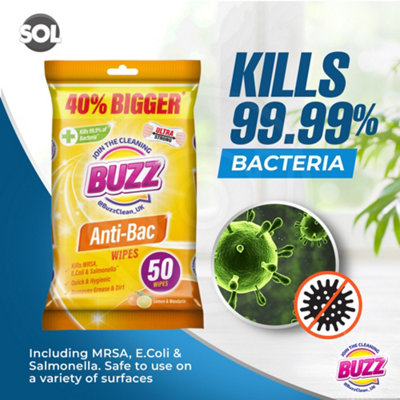 Buzz Antibacterial Wipes - 200pk - Lemon Scented Cleaning Wipes Antibacterial Surface Cleaning - Kills 99.9% of Bacteria