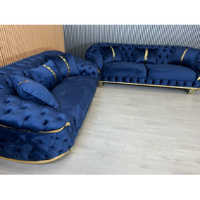 Bvlgari 3 Seater and 2 Seater Sofa Navy Blue and Gold Accents