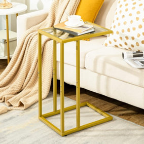 C Shaped Side Table, Tempered Glass Gold Side Table, Under Sofa Table, Small Coffee Snack Table for Small Spaces, Laptop End Table