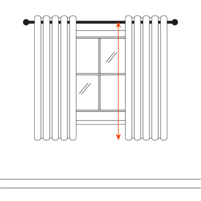 An illustration of apron curtains with an arrow stretching vertically from the top of the curtain pole to 10-15cm below the windowsill, showing the length of apron curtains.