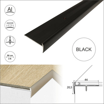 C27 44 x 20.5mm Anodised Aluminium LVT Stair nosing  Edge Profile For 5mm Flooring - Black, 0.9m
