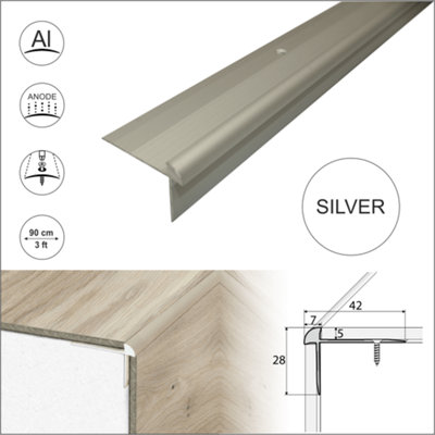 C29 42 x 28mm Anodised Aluminium LVT Stair nosing Edge Profile For 5mm Flooring - Silver, 0.9m