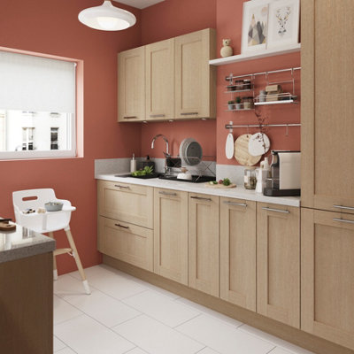 Blinds for a small window in an orange kitchen.