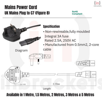 C7 Figure 8 Power Cable for TVs Consoles Sky Q 3m Black