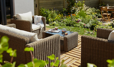 Deck tiles arranged in an eye-catching checkerboard effect by aligning horizontal and vertical deck tiles.