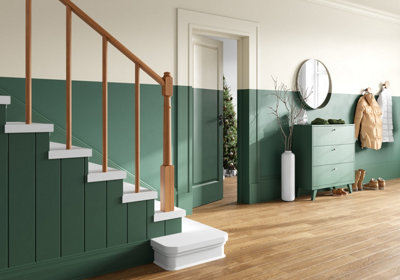 Two-tone green and white hallway with stairs, door, cupboard, mirror, and chest of drawers painted in white and green.
