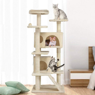 CA T Cat Tree Tower Tall Scratching Post Activity Centre Play House Condo with Den Beige Large 120cm DIY at B Q