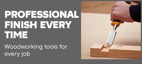A person holding a chisel and carving into a piece of timber. Text on screen says "Professional finish every time. Woodworking tools for every job." Click to see our range of woodworking tools.